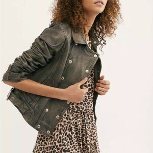 FREE PEOPLE xs Avis lambskin leather military distressed button jacket